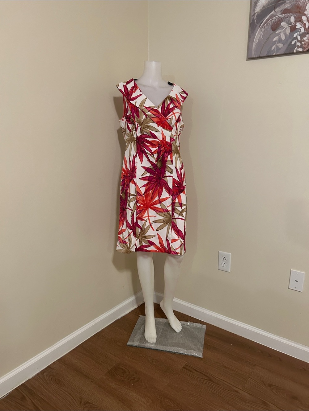 Dress Barn White Midi Dress with Red, Pink & Olive Tropical Print